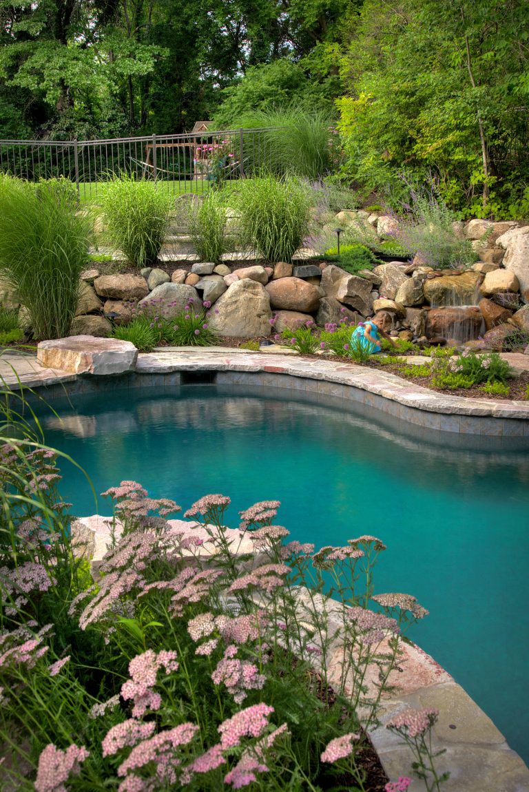 Natural shape pool, lush landscape planting