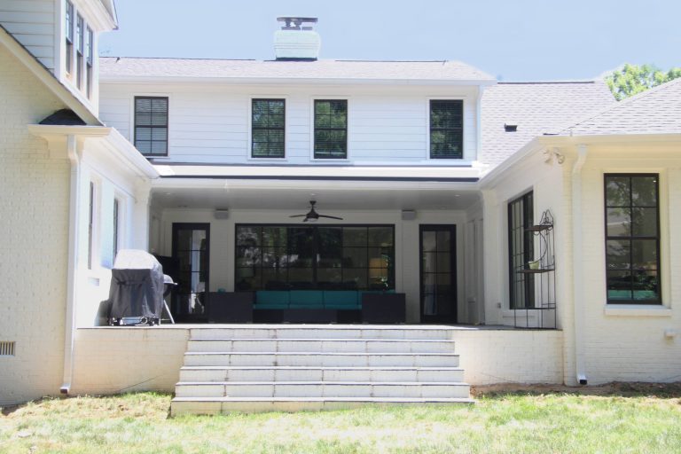 New Rear Porch. During construction it was decided to extend the exisitng porch creating a half covered and half uncovered rear outdoor living area. Ready to receive new landscape and pool. by Catherine Whitley Residential Design | Outdoor Photos | Porch | Landscaping | Landscape Design | Outdoor Living Space | Porch Design Ideas | Outdoor Living Space Ideas | Backyard Design