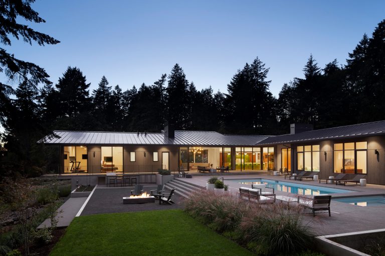 New construction family home in the forest, All rooms look onto the pool, Heated pool and spa, low maintenance finishes,