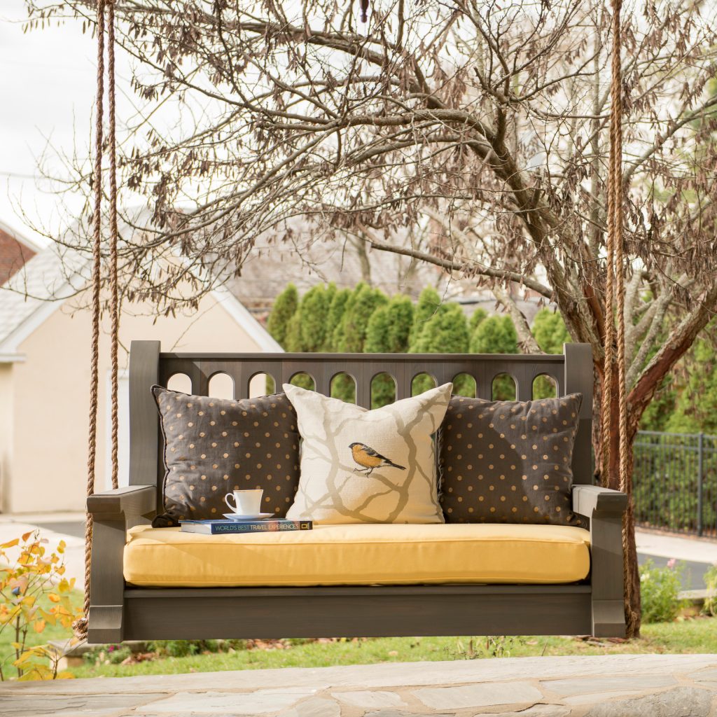 Nostalgic Porch Swing Co., Classic style swing, Slate Grey wood stain finish.