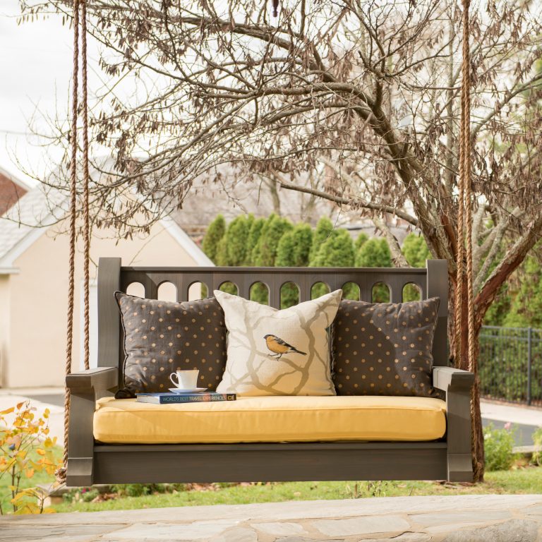 Nostalgic Porch Swing Co., Classic style swing, Slate Grey wood stain finish.