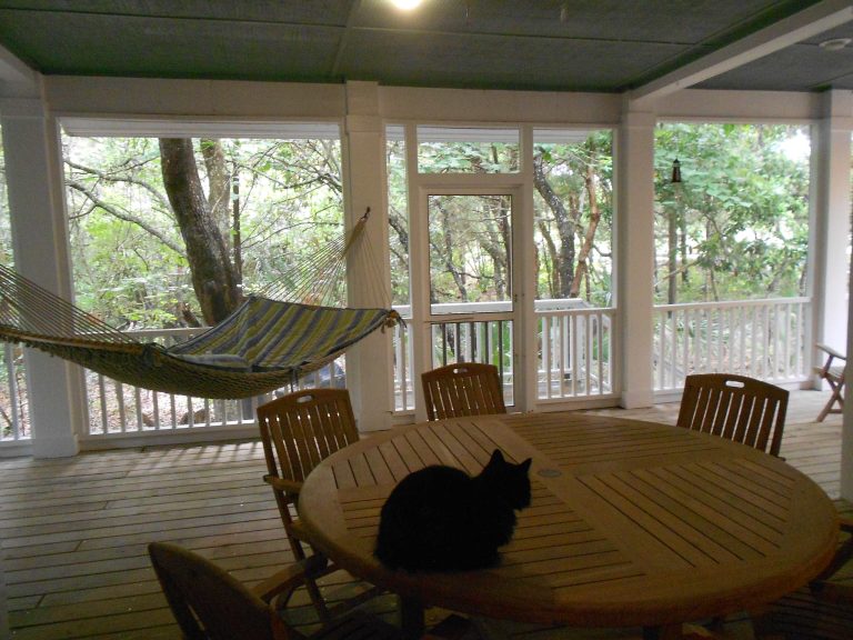 Outdoor Dining at Maritime Forest House screened in back porch, full width of house. Photo: Mark Lee