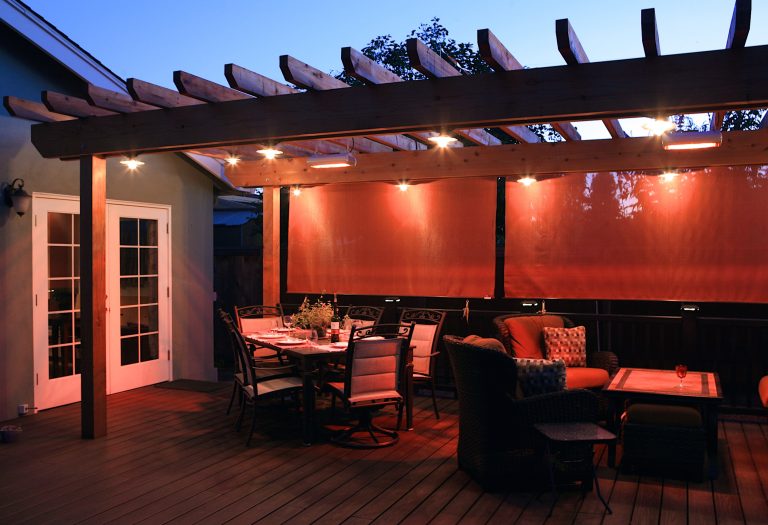 Outdoor dining and lounging area - redwood trellis and trex deck.