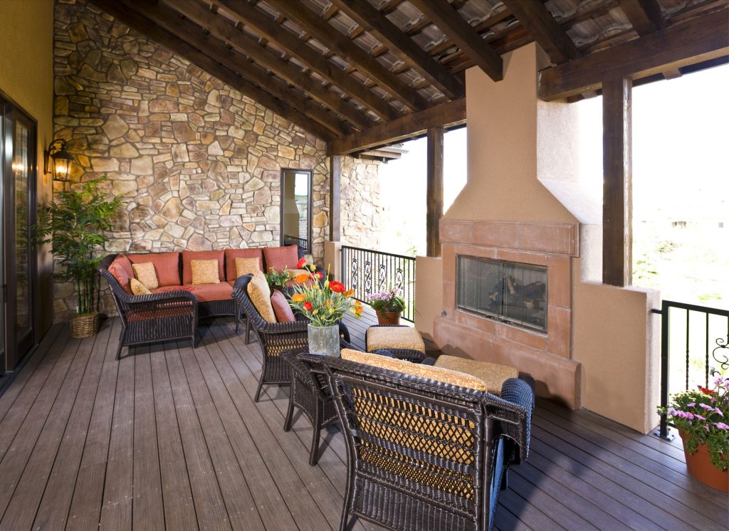 Outdoor living area in a custom home in The Summit at Heritage Hills in Lone Tree, CO.