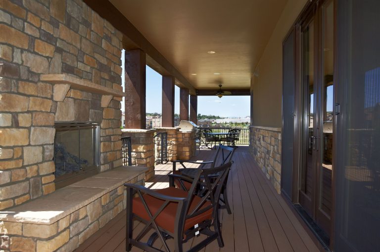 Outdoor living area in a custom home in The Summit at Heritage Hills in Lone Tree, CO.