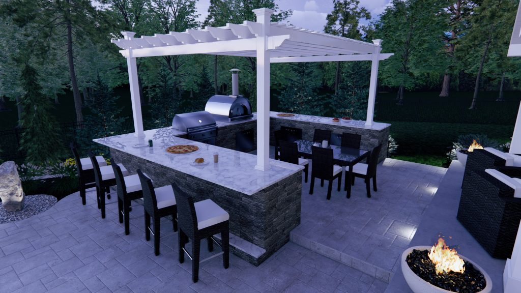 Outdoor living space for a new build residential home. Includes in-ground spa, porch with fire place, fire pit, kitchen/bar, dining and seating areas, and natural plantings throughout.