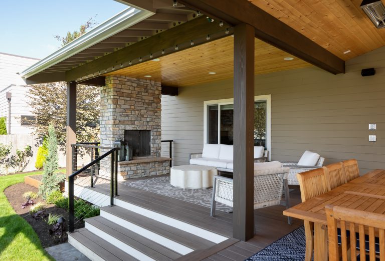 Outdoor living space with fireplace.

Design by: H2D Architecture + Design
www.h2darchitects.com
Built by: Crescent Builds
Photos by: Julie Mannell Photography by H2D Architecture + Design | Outdoor Kitchens | Backyard Design | Outdoor Living Spaces | Landscape Design