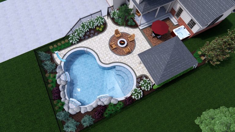 Outdoor living space with swimming pool, pavilion, fire pit, paver patio and natural plantings.