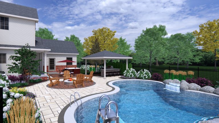 Outdoor living space with swimming pool, pavilion, fire pit, paver patio and natural plantings.