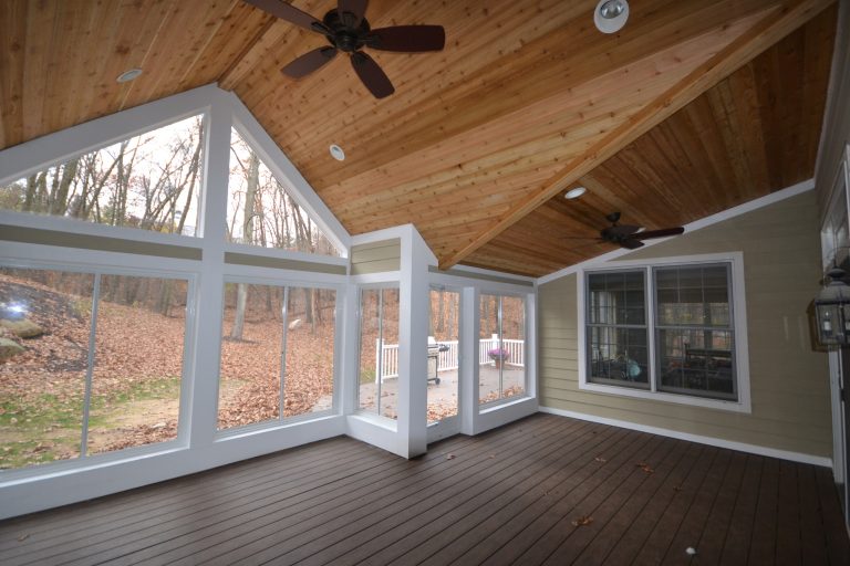 PHB Construction constructed this open three seasons sun room with tongue and groove cedar ceiling. A clean open space for entertainment or watching deer in the early Michigan morning. by PHB Construction LLC | Outdoor Photos | Porch | Landscaping | Landscape Design | Outdoor Living Space | Porch Design Ideas | Outdoor Living Space Ideas | Backyard Design