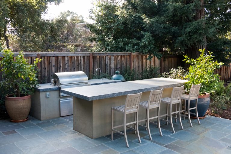 Patio kitchen - contemporary backyard tile patio kitchen idea in San Francisco with no cover