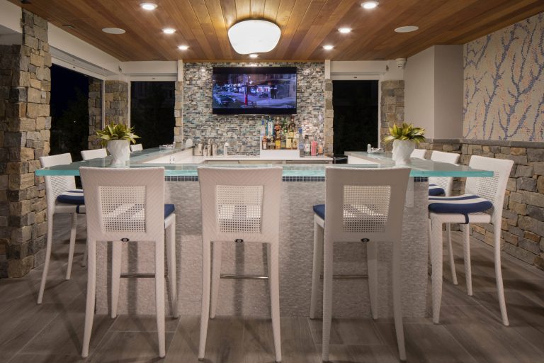 Patio kitchen - mid-sized coastal backyard stone patio kitchen idea in Philadelphia with a roof extension