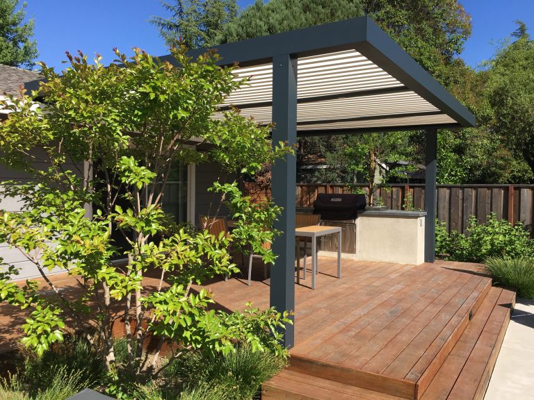 Patio kitchen - mid-sized contemporary backyard patio kitchen idea in San Francisco with a pergola