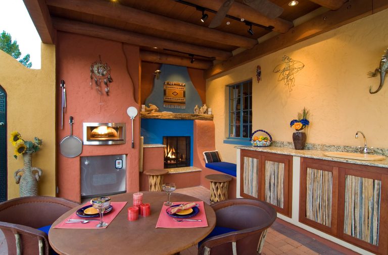 Patio kitchen - small mediterranean backyard brick patio kitchen idea in Phoenix with a gazebo