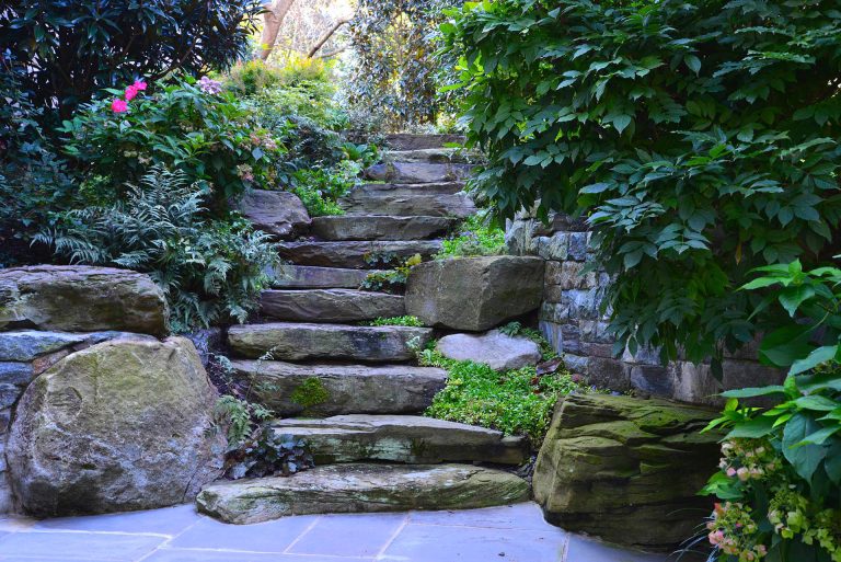 Photo of a large traditional partial sun backyard stone garden path in DC Metro.