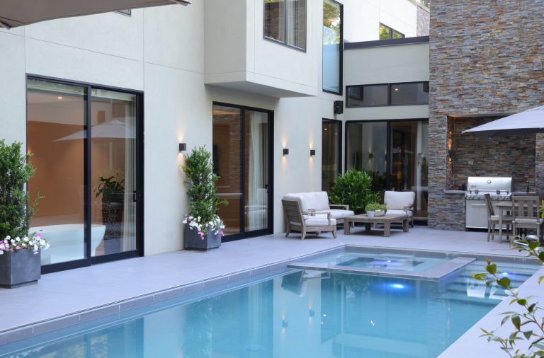 Pool and amenity deck is located on the second floor, above the first.