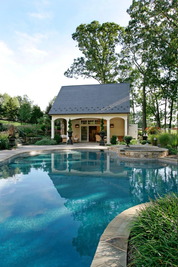 Pool cabana built by Trueblood . Exterior architecture by R. A. Hoffman, landscape design by Landscape Design Group. [photo: Tom Grimes]