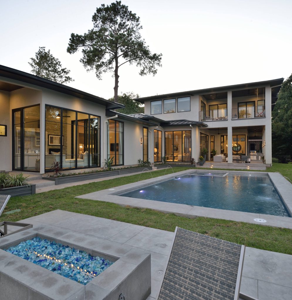 Pool fountain - large contemporary backyard rectangular and concrete lap pool fountain idea in Houston