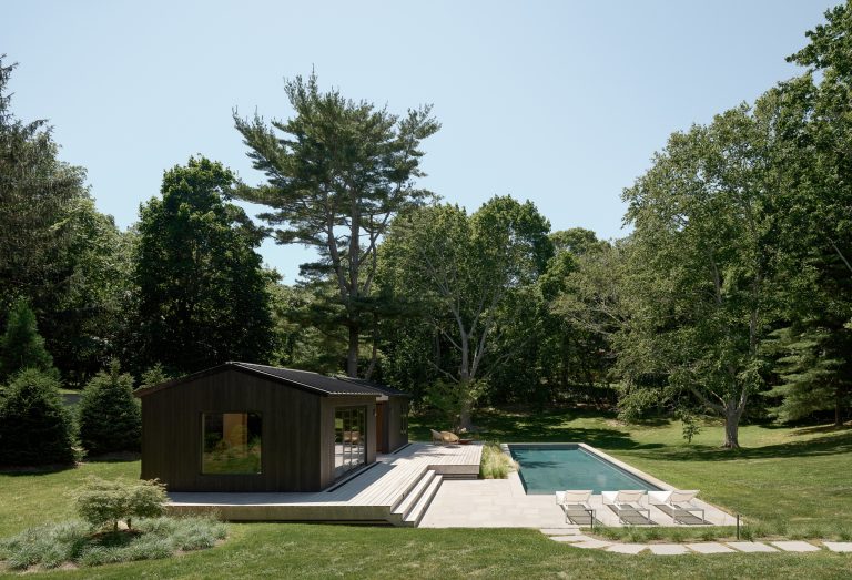 Pool house - cottage rectangular pool house idea in New York
