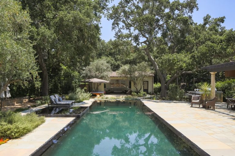 Pool house - large mediterranean backyard stone and rectangular infinity pool house idea in Los Angeles