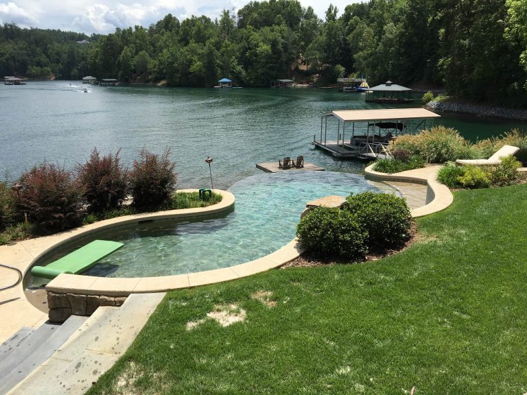 Pool - large craftsman backyard concrete and custom-shaped pool idea in Charlotte