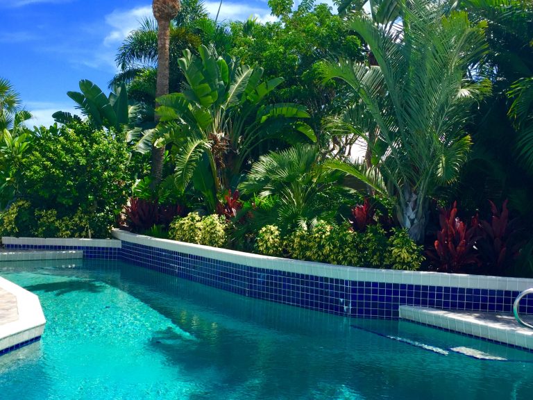 Pool plantings with layers of color for a private tropical paradise. Landscape designed and installed by Construction Landscape, Jennifer Bevins. Servicing The Treasure and Space Coast 772-492-8382.