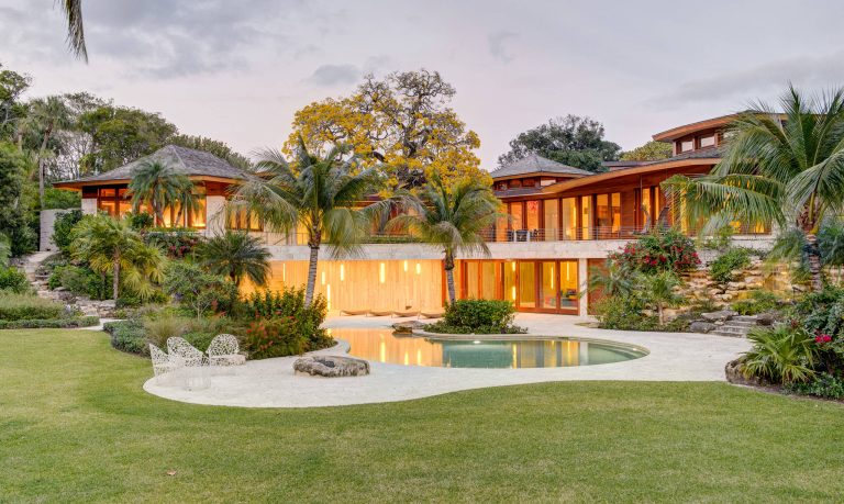 Pool - tropical backyard custom-shaped lap pool idea in Los Angeles