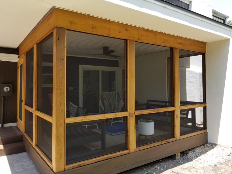 Porch screens in place, electrical trim & lighting, porch ceiling T&G painted