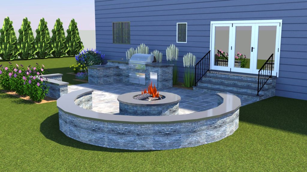 Rear terrace area including fire pit, BBQ area, seat walls and landscape
