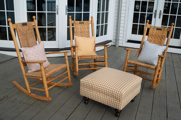 Reupholstered Ottoman in our hand screen printed fabric, Kaleidoscope – Espresso, along with a couple of pillows from our North Star & Kaleidoscope collections. by Oliver Blumgart Designs, LLC | Outdoor Photos | Porch | Landscaping | Landscape Design | Outdoor Living Space | Porch Design Ideas | Outdoor Living Space Ideas | Backyard Design
