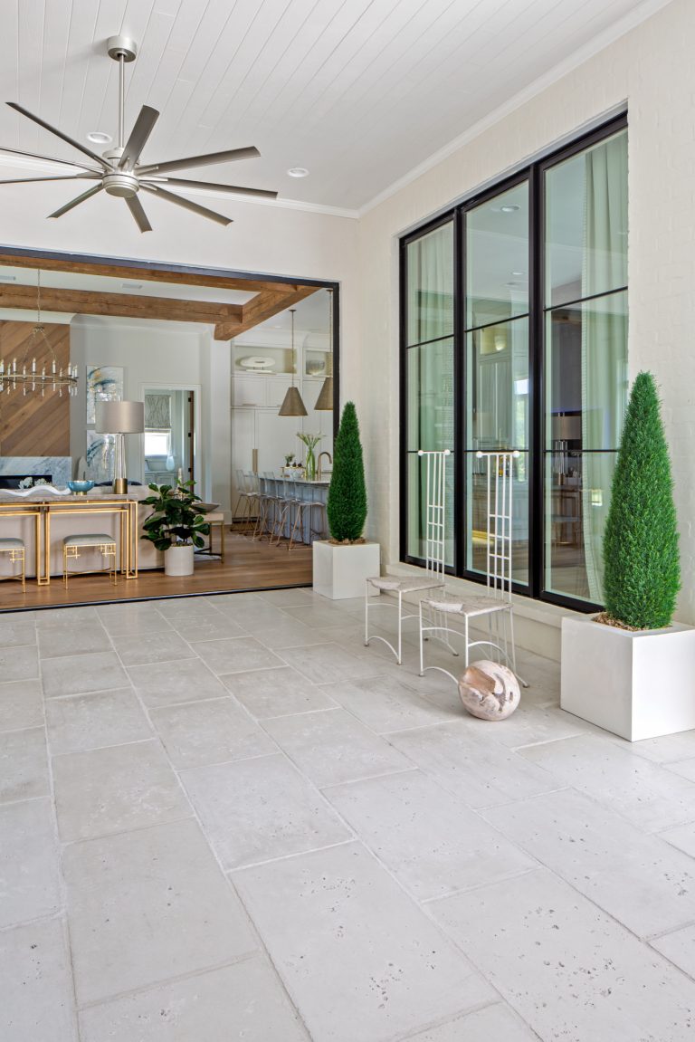 Rice White Peacock Pavers are used on the exterior entertaining spaces and pool surround