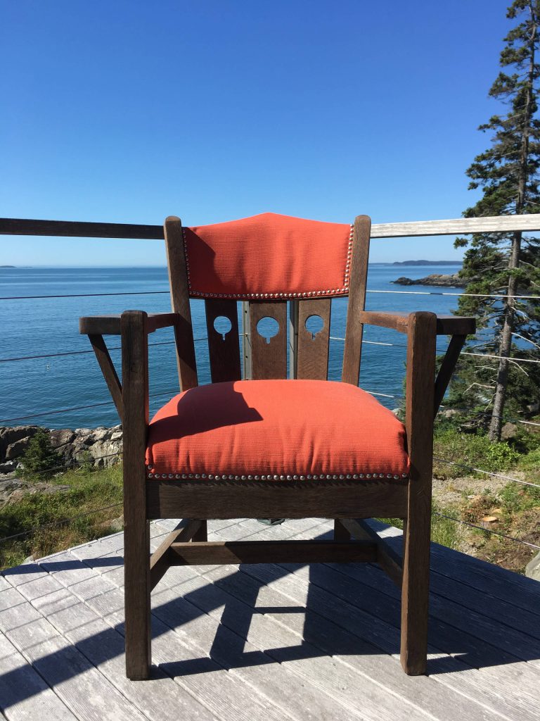 Robin Reed - Restored and rebuild arts and crafts indoor/outdoor chair for interior and porch use. Rebuilt springs, padding and applied ne umbrella water resistent fabric to handle harsh Maine climate. by Design4Development | Outdoor Photos | Porch | Landscaping | Landscape Design | Outdoor Living Space | Porch Design Ideas | Outdoor Living Space Ideas | Backyard Design