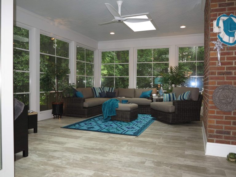 Screened Porch addition with EZE Breeze Windows, Velux skylights and tile flooring