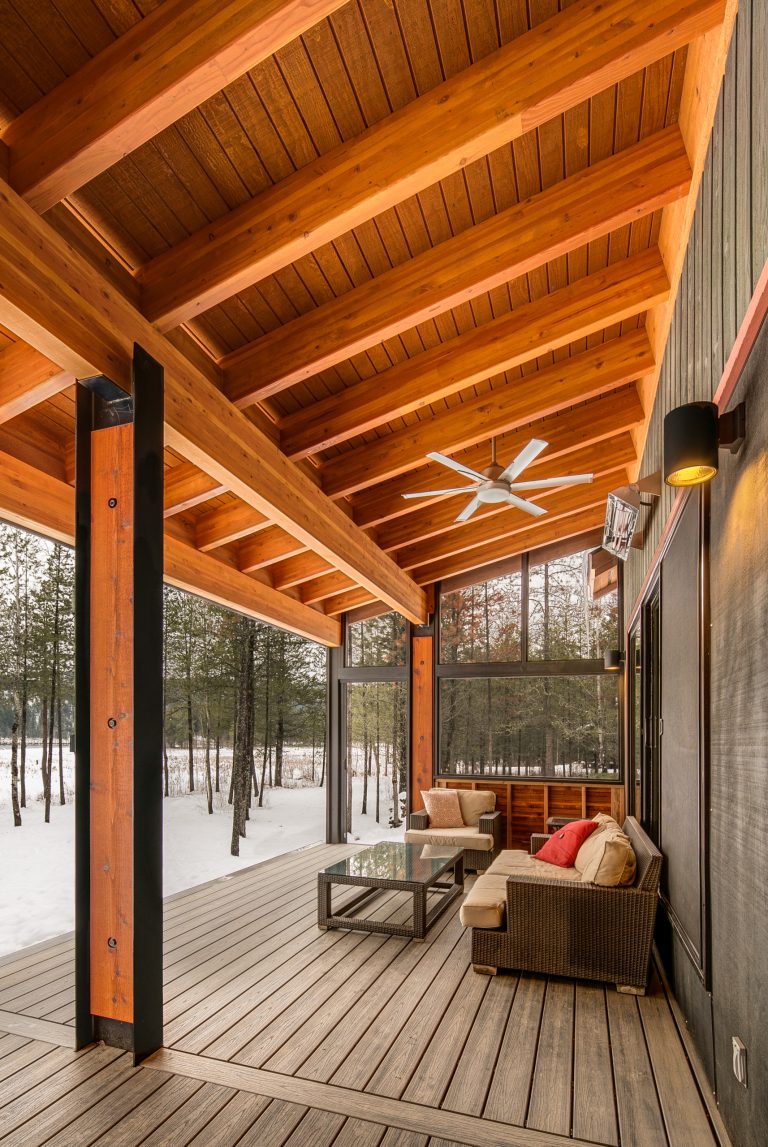 Screened in back porch for the Modern Retreat with roll down Phantom screens and screen door and electric heaters. Decking is Trex Transcend in "Island Mist." Photography by Marie-Dominique Verdier. by Selle Valley Construction, Inc. | Outdoor Photos | Porch | Landscaping | Landscape Design | Outdoor Living Space | Porch Design Ideas | Outdoor Living Space Ideas | Backyard Design