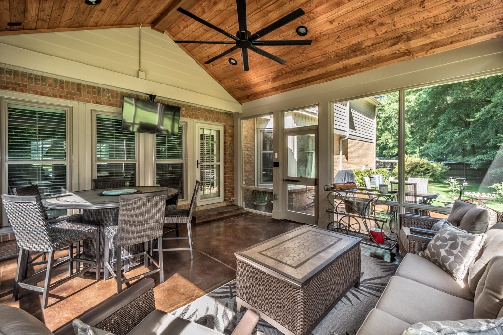 Screened-in back porch photo in Other by Heritage Builders | Outdoor Photos | Porch | Landscaping | Landscape Design | Outdoor Living Space | Porch Design Ideas | Outdoor Living Space Ideas | Backyard Design