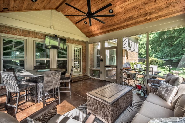 Screened-in back porch photo in Other by Heritage Builders | Outdoor Photos | Porch | Landscaping | Landscape Design | Outdoor Living Space | Porch Design Ideas | Outdoor Living Space Ideas | Backyard Design