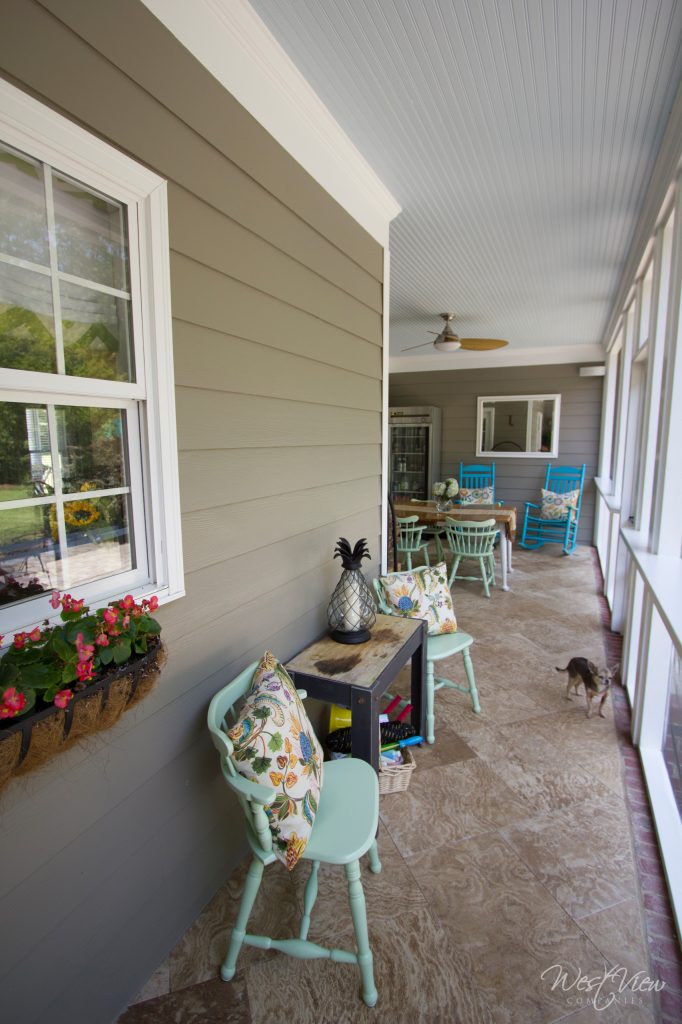 Screened in porch with beverage fridge