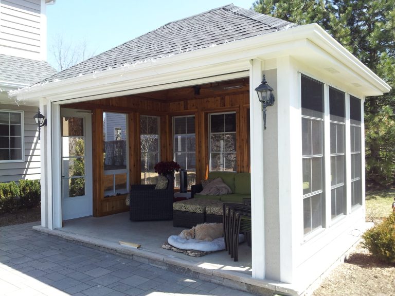 Screened-in stand alone Porch, w/ remote 10' rollup screened door, section windows. By-Kadd Associates