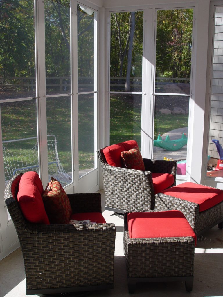 Screened porch in a new custom home in Wethersfield, CT designed by Jennifer Morgenthau Architect, LLC