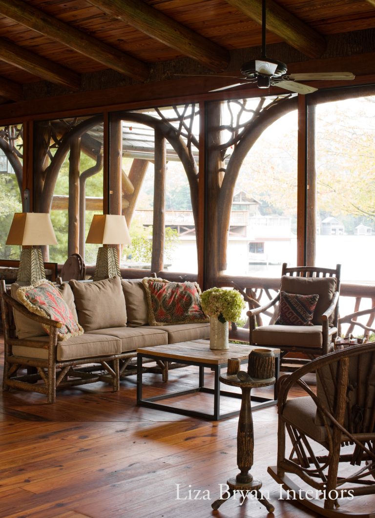Screened porch overlooking the lake. Liza Bryan Interiors and Summerour Architects.