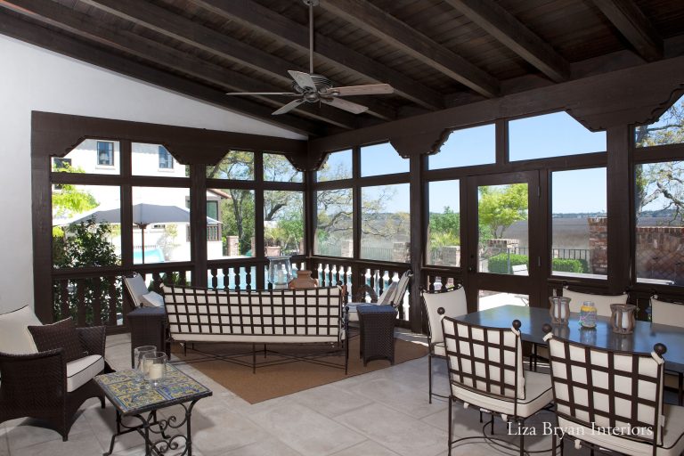 Screened porch with view to pool, guest house and marsh. Liza Bryan Interiors and Summerour Architects. Contractor, Pease Construction Co., Antique wood provided by Vintage Lumber Sales. by Liza Bryan Interiors | Outdoor Photos | Porch | Landscaping | Landscape Design | Outdoor Living Space | Porch Design Ideas | Outdoor Living Space Ideas | Backyard Design