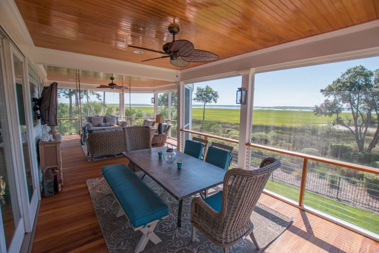 Select cypress beadboard ceilings -Garapa decking, handrails, and accents -Cable railing system