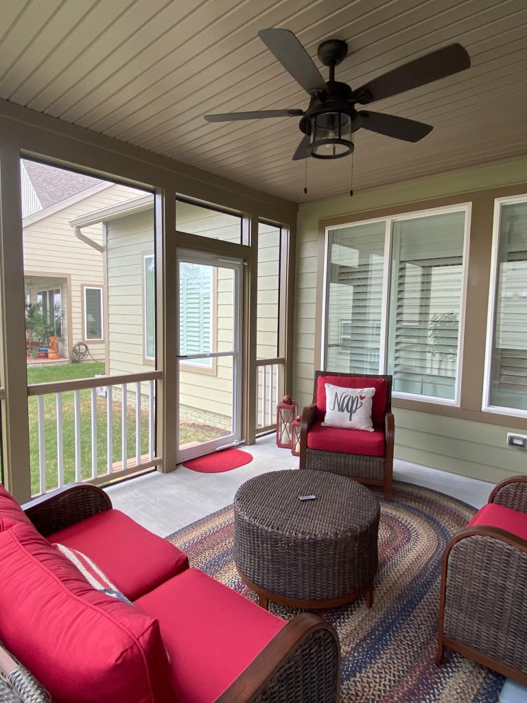 Small classic concrete screened-in back porch idea in DC Metro with a roof extension by Castleman Carpentry, LLC | Outdoor Photos | Porch | Landscaping | Landscape Design | Outdoor Living Space | Porch Design Ideas | Outdoor Living Space Ideas | Backyard Design