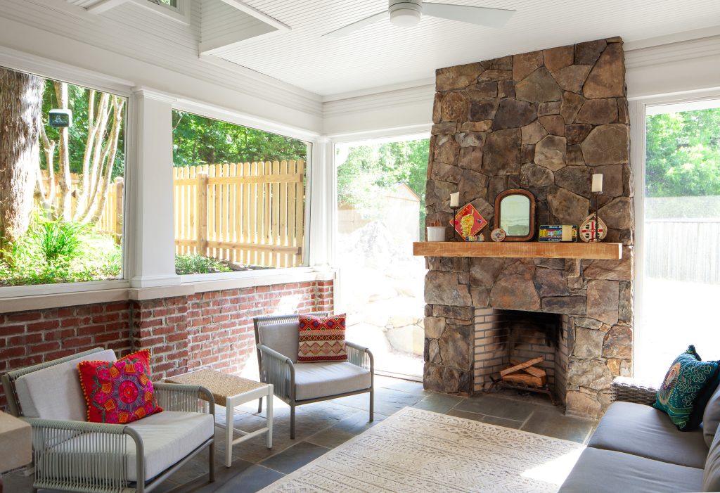 Small classic stone back porch idea in Raleigh with a fireplace and a roof extension by CH Architects | Outdoor Photos | Porch | Landscaping | Landscape Design | Outdoor Living Space | Porch Design Ideas | Outdoor Living Space Ideas | Backyard Design