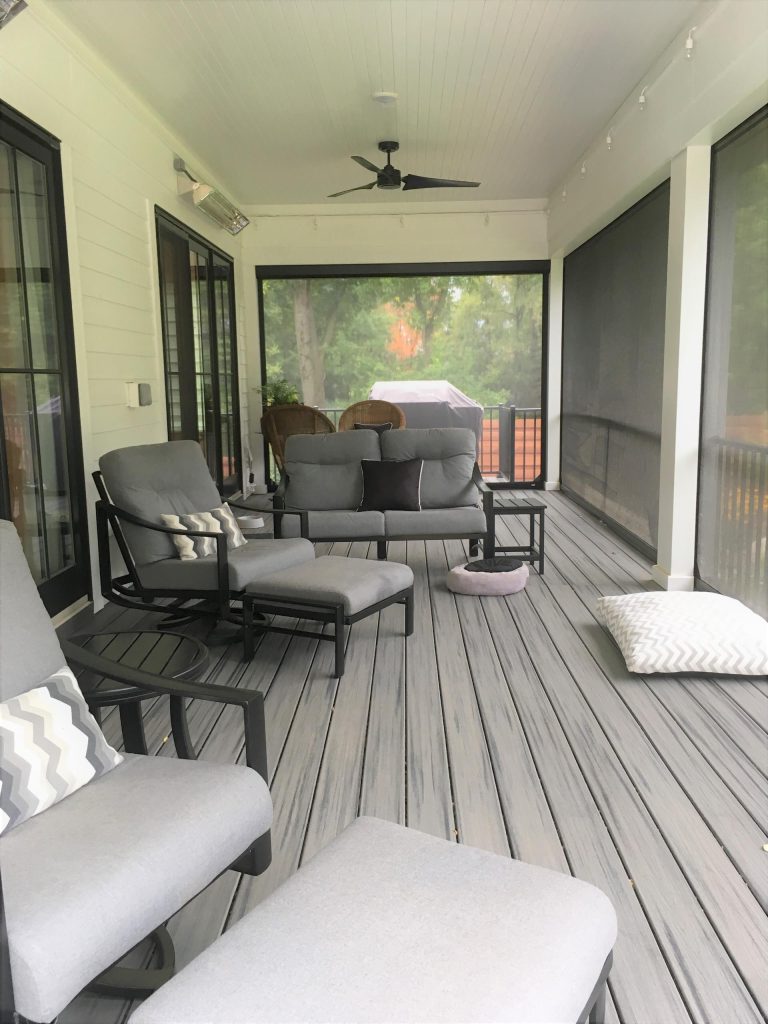 Sophisticated urban farmhouse made to be maintenance free and with dog-amenities galore. Porch showcases automatic screens. Open ended for dogs to roam freely and then come under to get away from the sun. by Boyer Building Corporation | Outdoor Photos | Porch | Landscaping | Landscape Design | Outdoor Living Space | Porch Design Ideas | Outdoor Living Space Ideas | Backyard Design