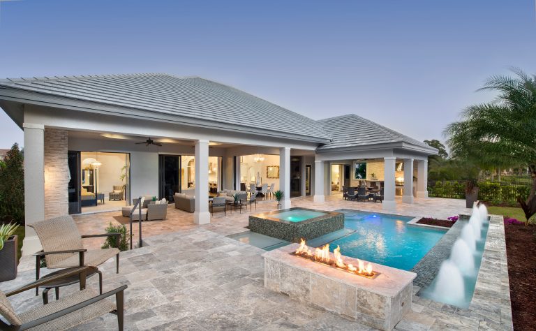 Spectacular pool area in model home. Spa, fire feature, custom designed.