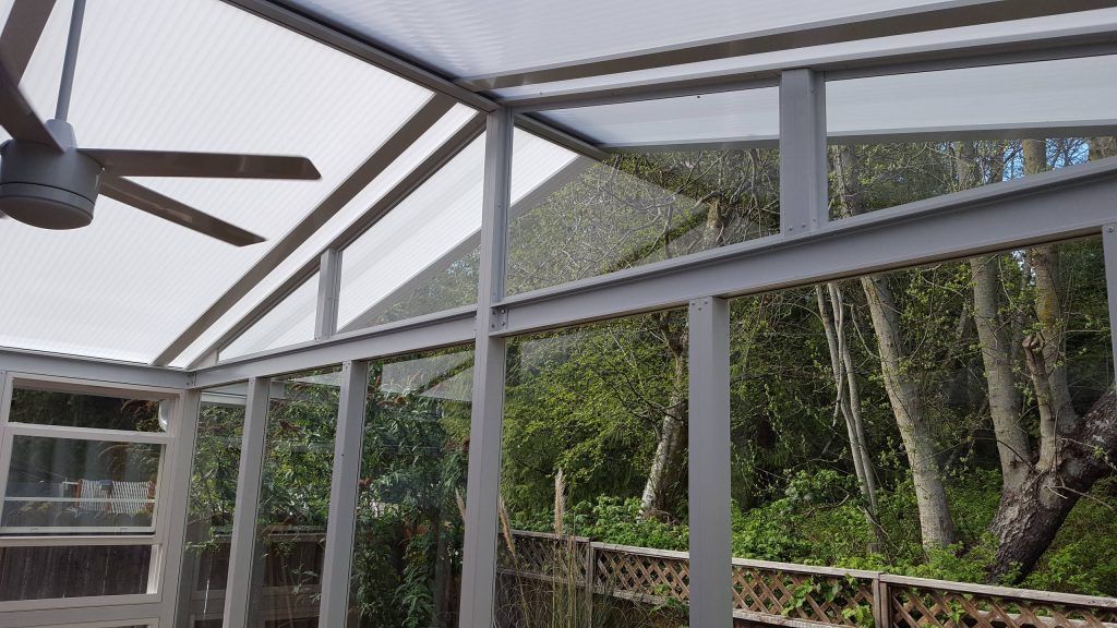 Structural powder coated aluminum and clear tempered safety glass provide a clear view.