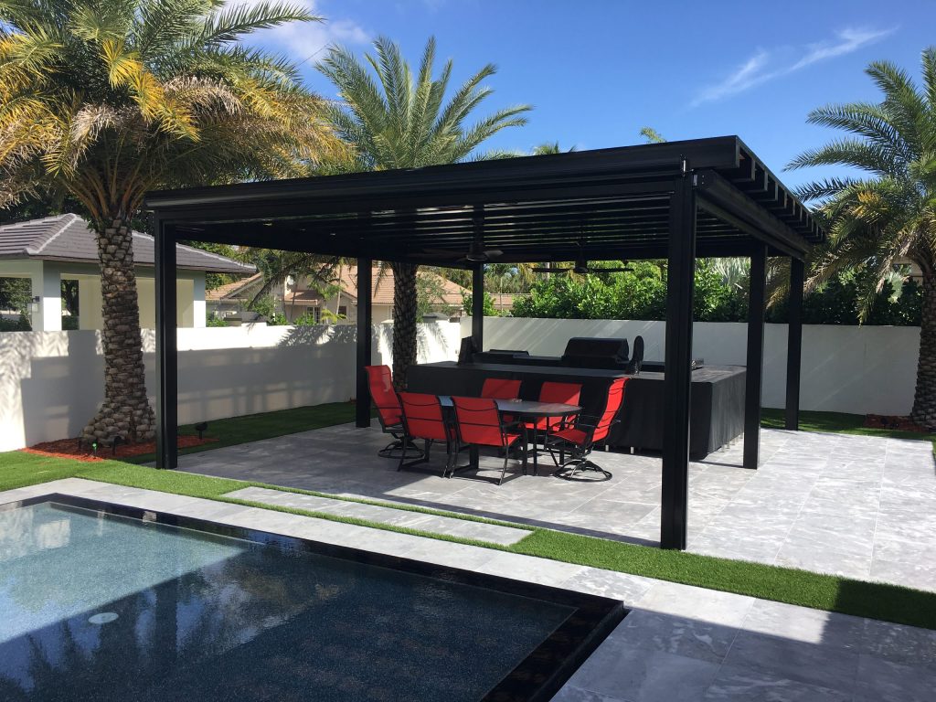 The Gazebo was 23' 6" x 18' 0" Sentinel Retractable Screens Installed all (4) Power screens to match the existing structure. The screen Fabric is an 80% UV Solar Screen in Black.