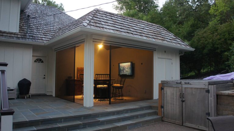 The Phantom screens feature both vertical and horizontal screens. This picture illustrates how the horizontal screens can be left open to allow easier entry or exit from the porch. by Appeal Architects | Outdoor Photos | Porch | Landscaping | Landscape Design | Outdoor Living Space | Porch Design Ideas | Outdoor Living Space Ideas | Backyard Design