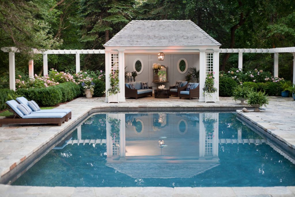 The gorgeous three season pool house is just the right size for an intimate gathering of friends or family.